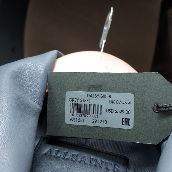 NWT Allsaints Dalby Biker leather jacket, grey steel, US 4 - Picture 6 of 7